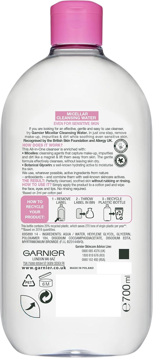 Garnier Micellar Cleansing Water 700ml, Gentle face cleanser & Make up Remover, Suitable For All Skin Types Including Sensitive Skin, Soothing Formula, Dermatologically Tested